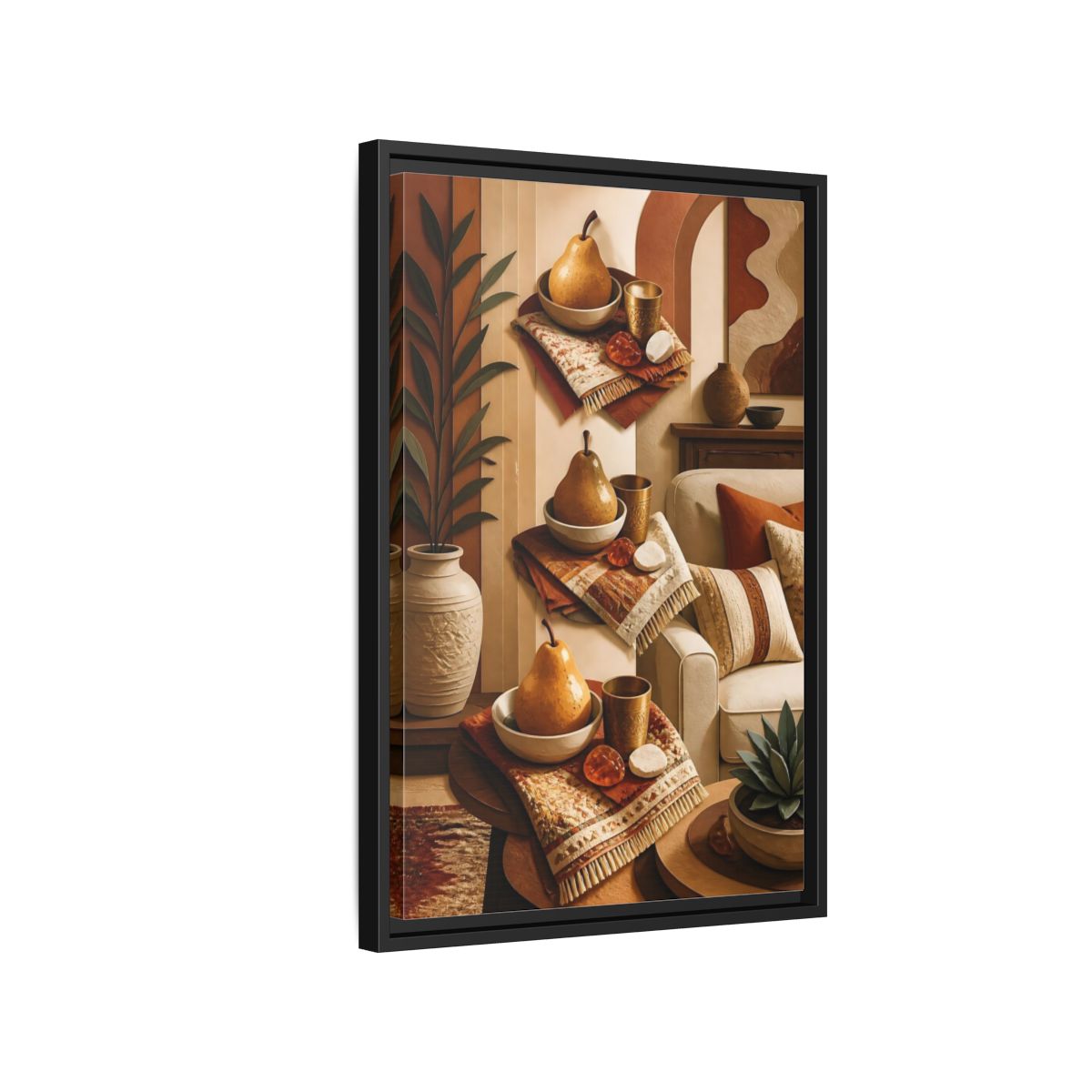 Side Mockup 3. Golden Pear Still Life shown as framed canvas print