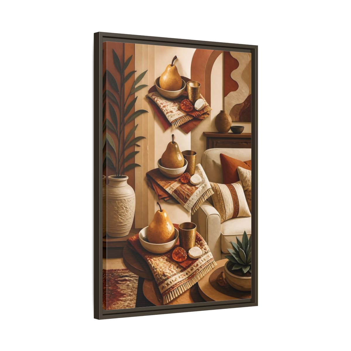 Side Mockup 11. Golden Pear Still Life shown as framed canvas print