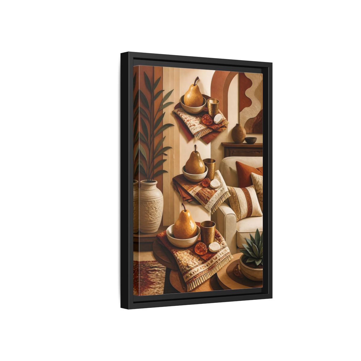 Side Mockup 6. Golden Pear Still Life shown as framed canvas print