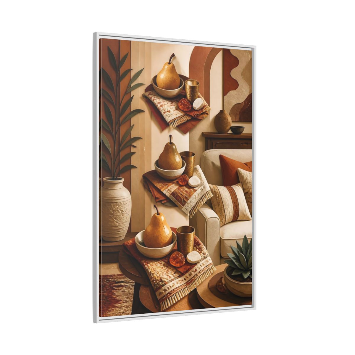 Side Mockup 7. Golden Pear Still Life shown as framed canvas print