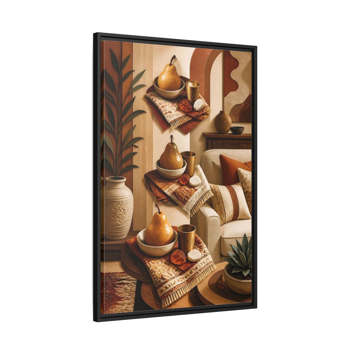 Side Mockup 13. Golden Pear Still Life shown as framed canvas print