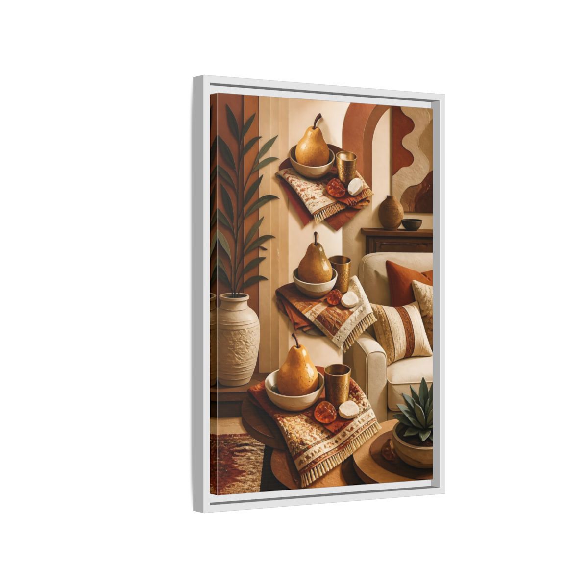 Side Mockup 1. Golden Pear Still Life shown as framed canvas print