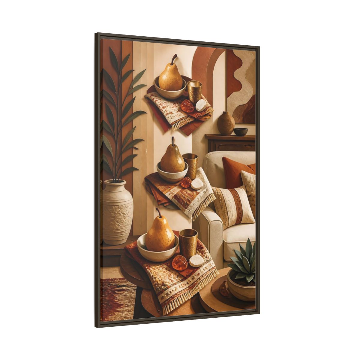 Side Mockup 8. Golden Pear Still Life shown as framed canvas print