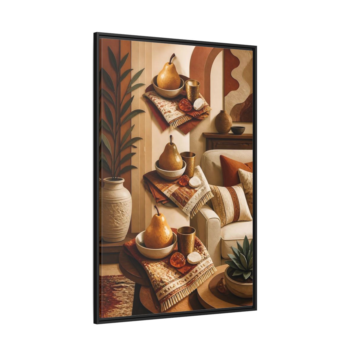 Side Mockup 12. Golden Pear Still Life shown as framed canvas print