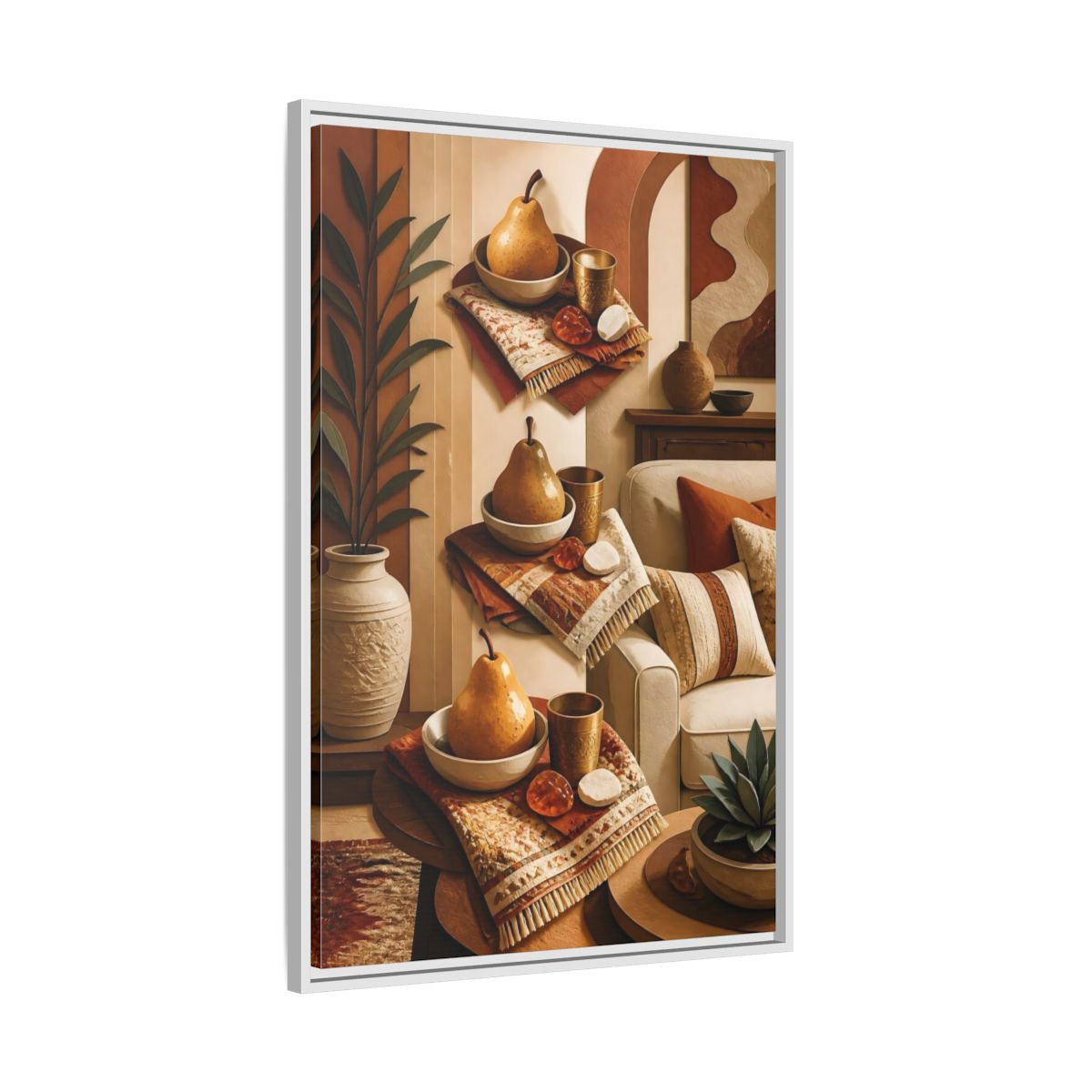 Side Mockup 9. Golden Pear Still Life shown as framed canvas print