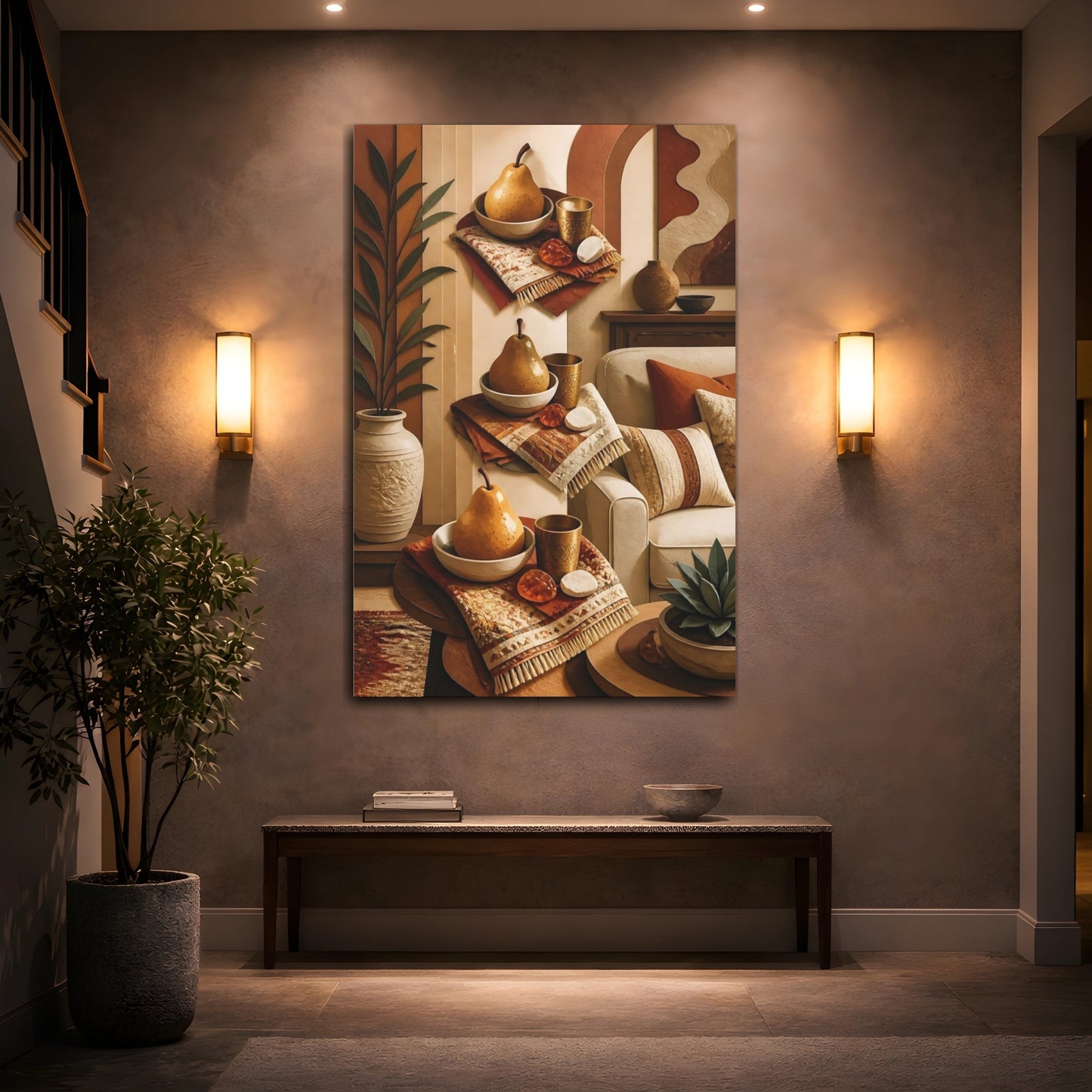 Mockup 2. Golden Pear Still Life shown as canvas print