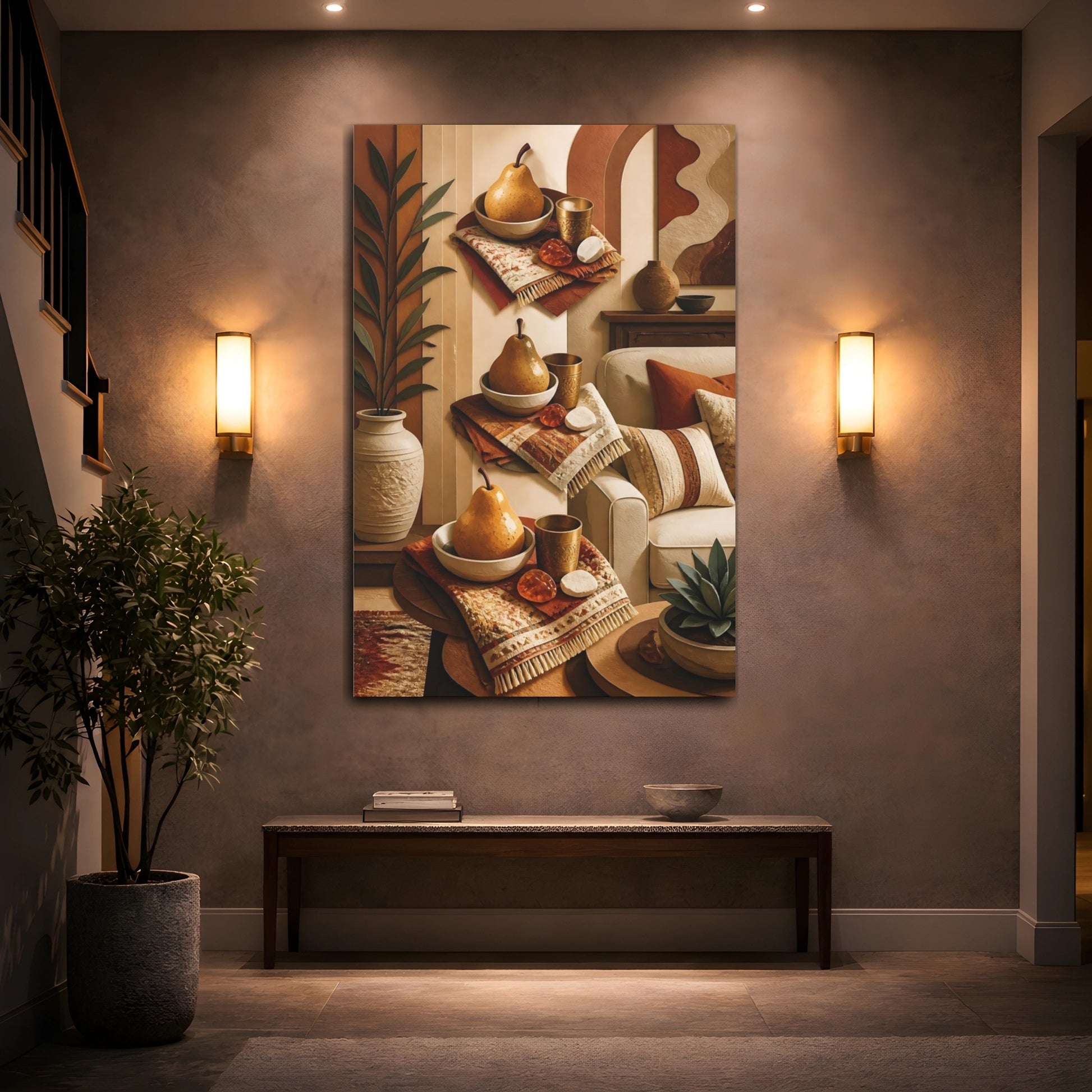 Mockup 2. Golden Pear Still Life shown as canvas print