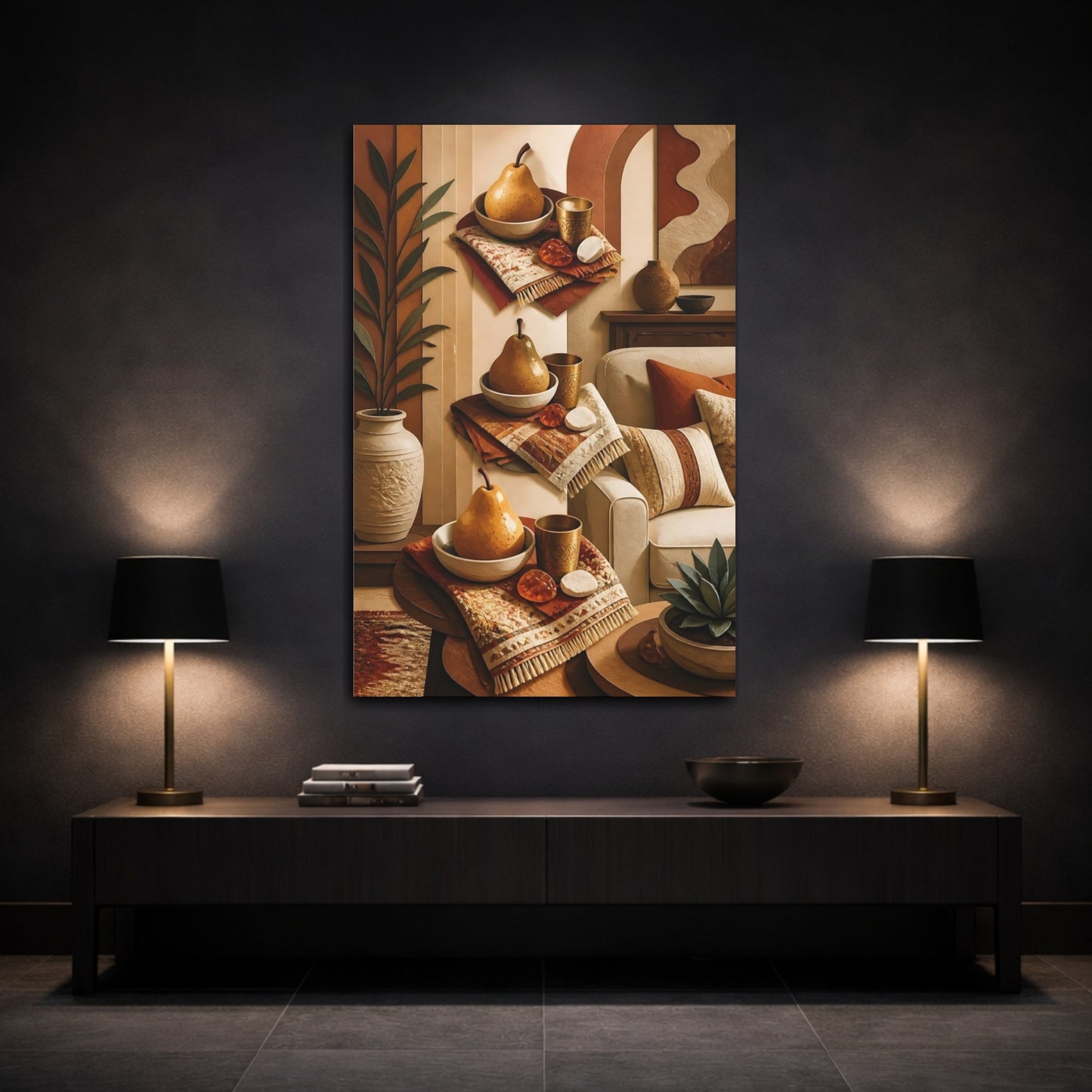 Mockup 3. Golden Pear Still Life shown as canvas print