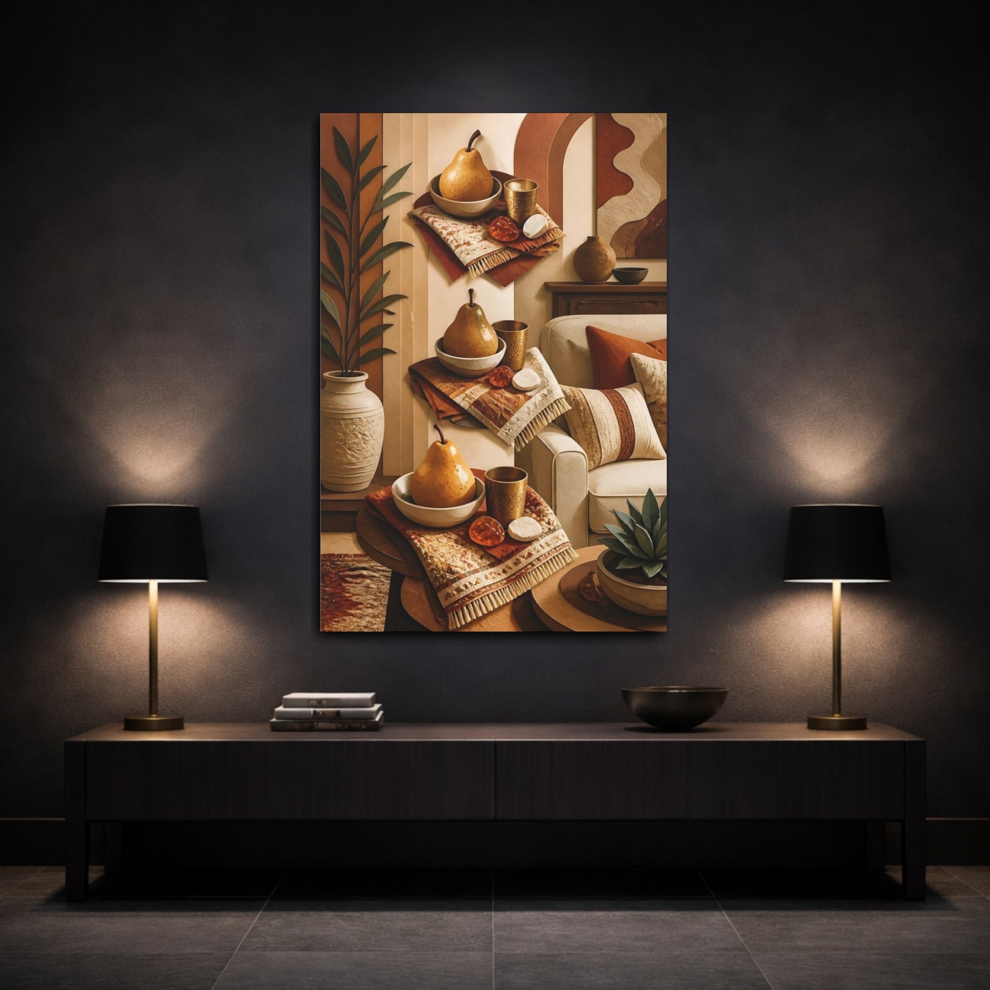 Mockup 3. Golden Pear Still Life shown as canvas print