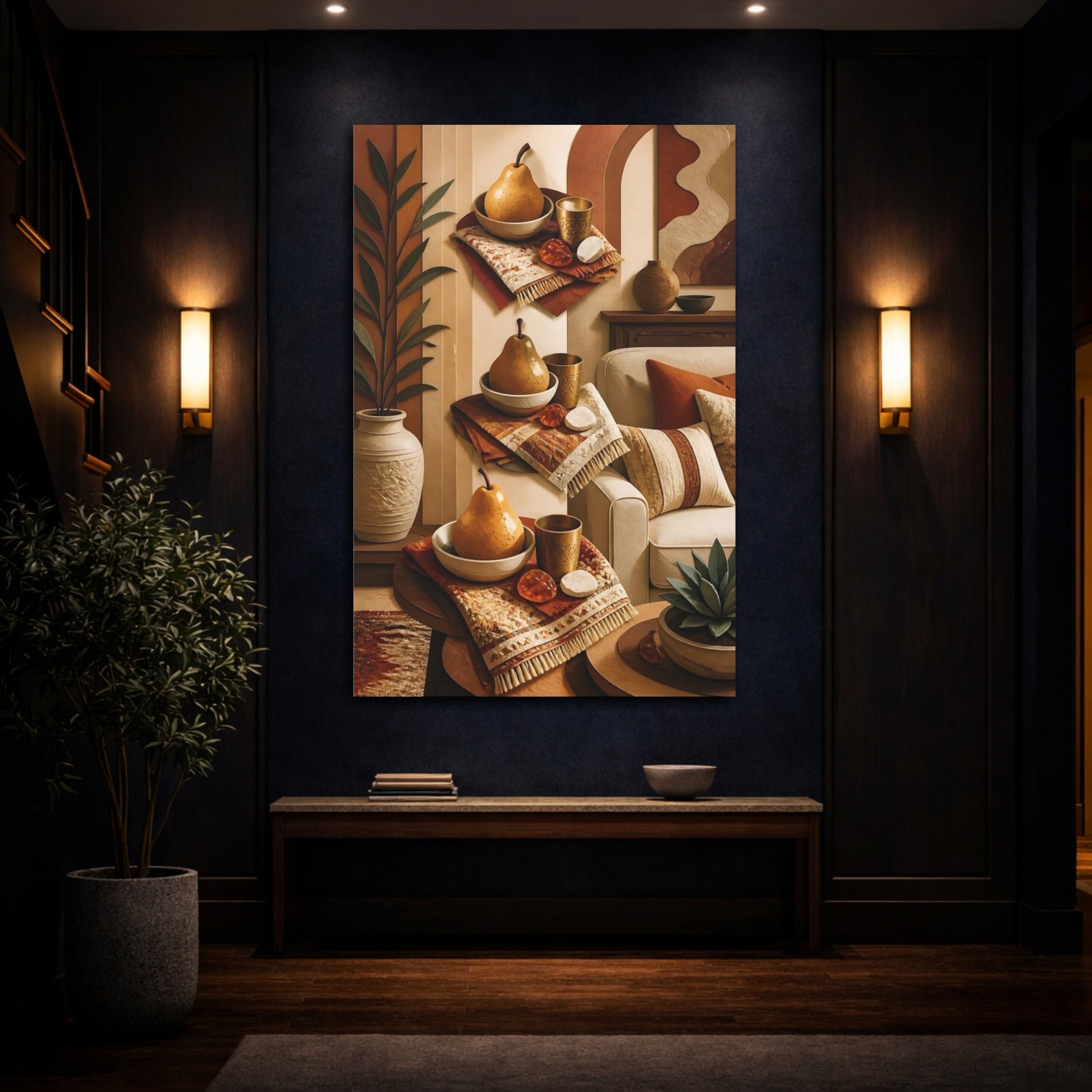 Mockup 4. Golden Pear Still Life shown as canvas print