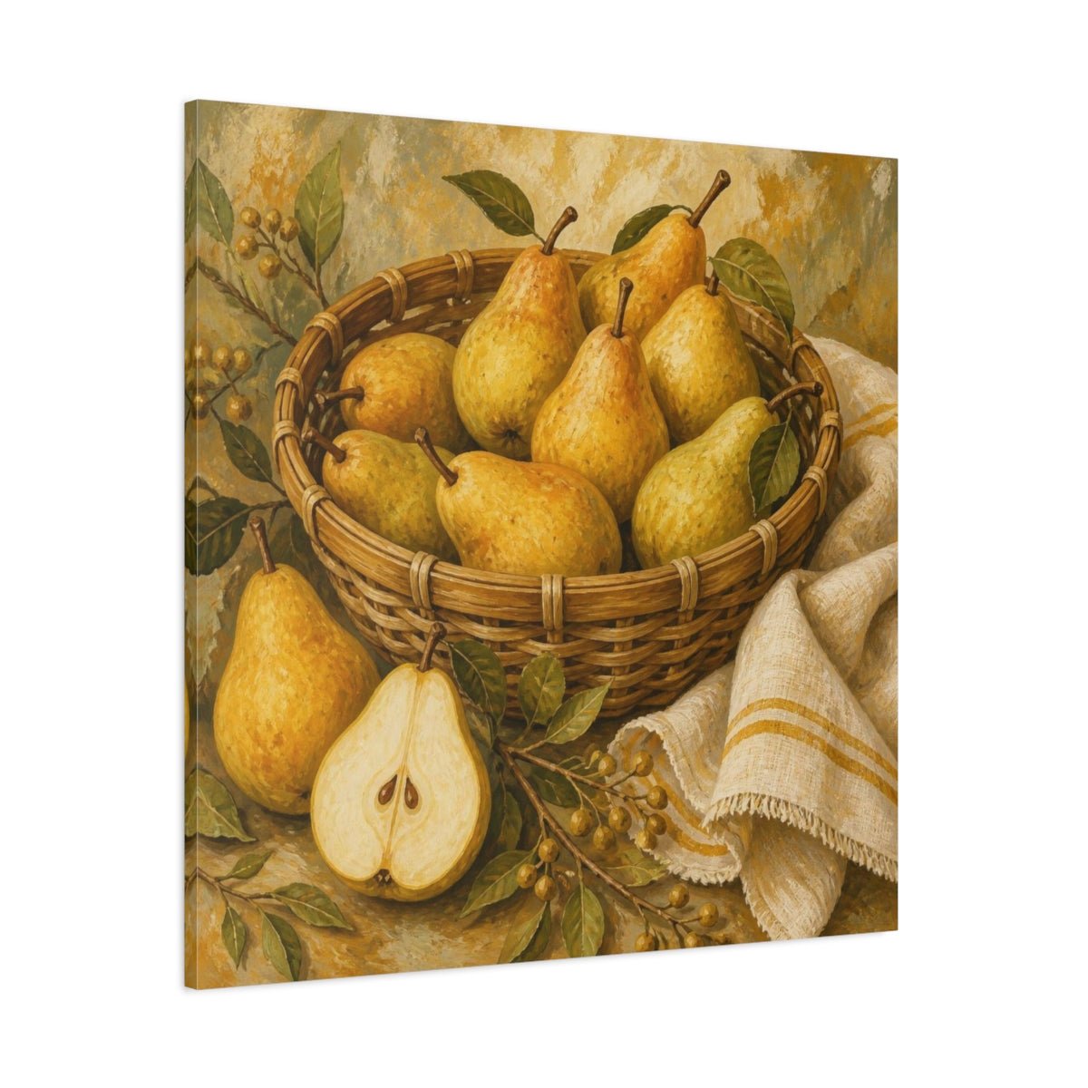 Golden Pears In Basket Canvas Print – Kitchen, Wall, Ochre And Flax - YesArtYes