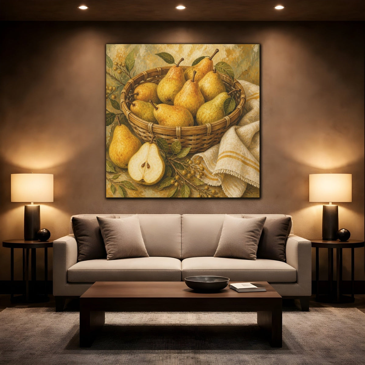Golden Pears In Basket Canvas Print – Kitchen, Wall, Ochre And Flax - YesArtYes