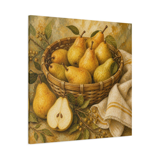 Golden Pears In Basket Canvas Print – Kitchen, Wall, Ochre And Flax - YesArtYes