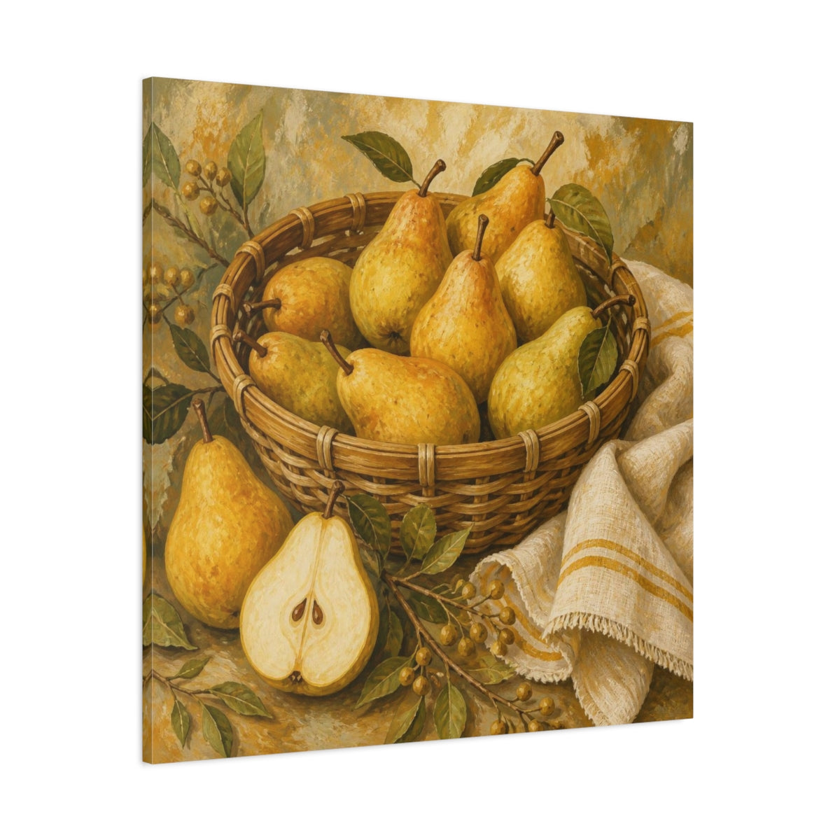 Side Mockup 1. Golden Pears In Basket shown as canvas print