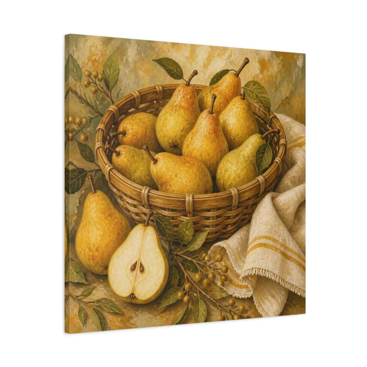 Side Mockup 3. Golden Pears In Basket shown as canvas print