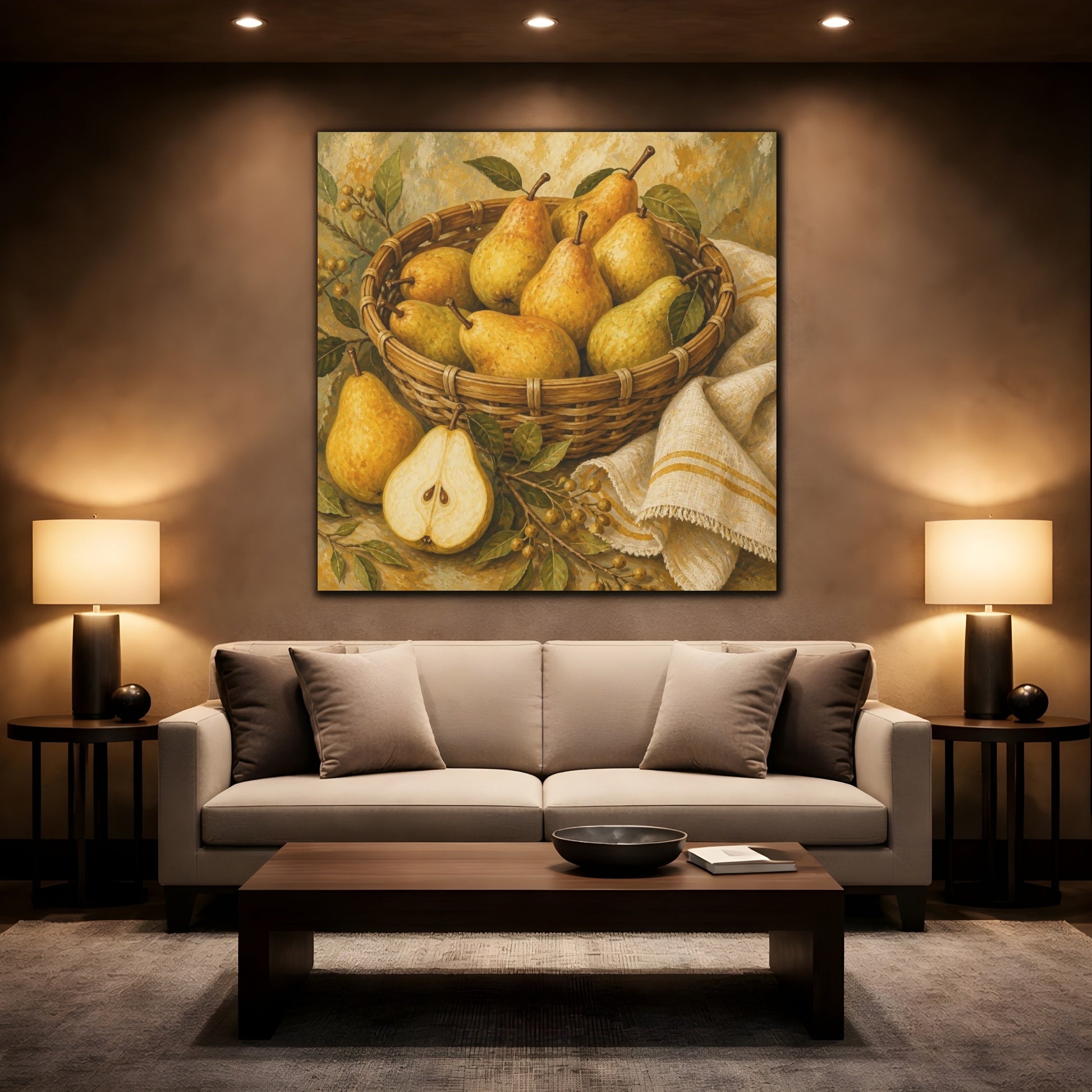 Mockup 2. Golden Pears In Basket shown as canvas print