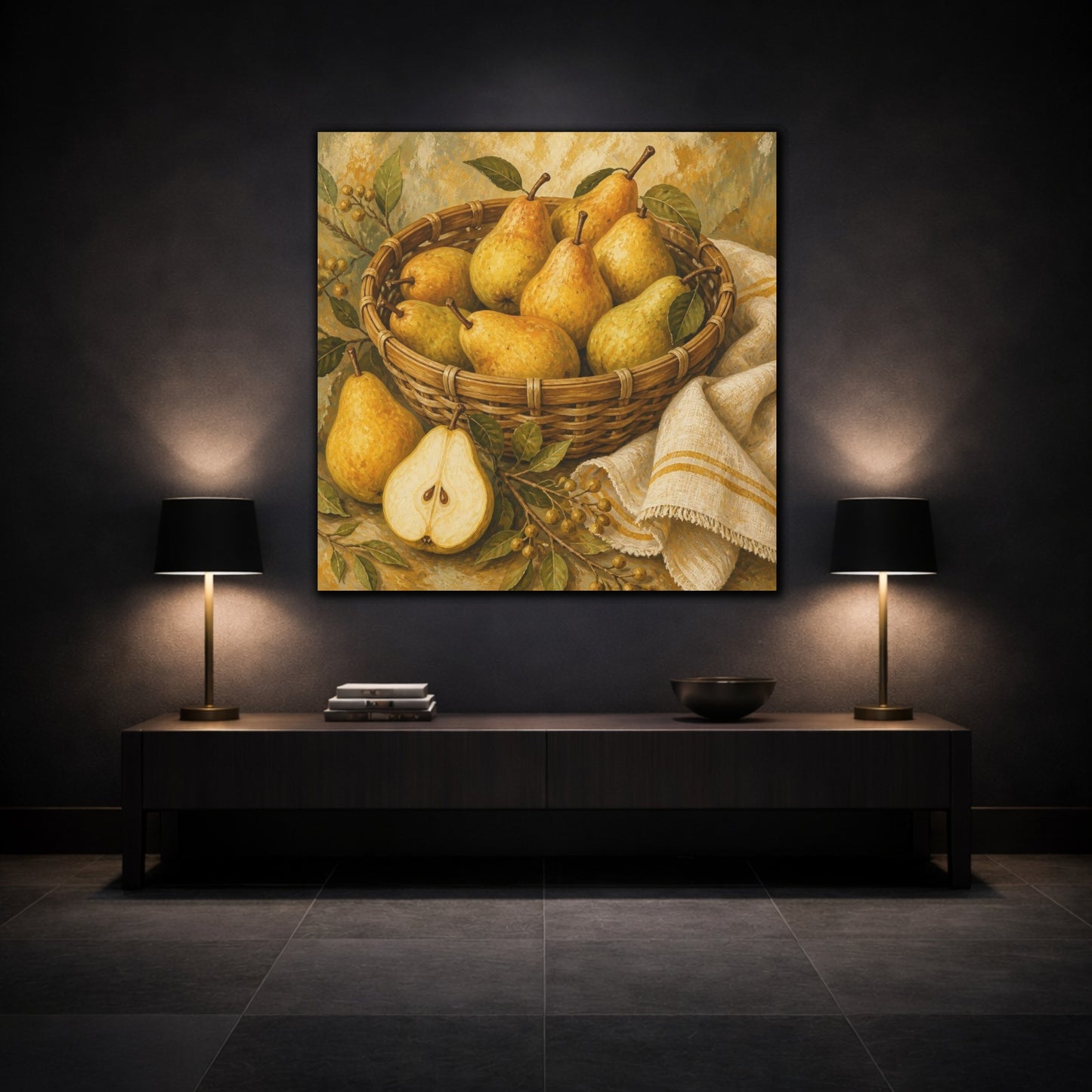 Mockup 3. Golden Pears In Basket shown as canvas print