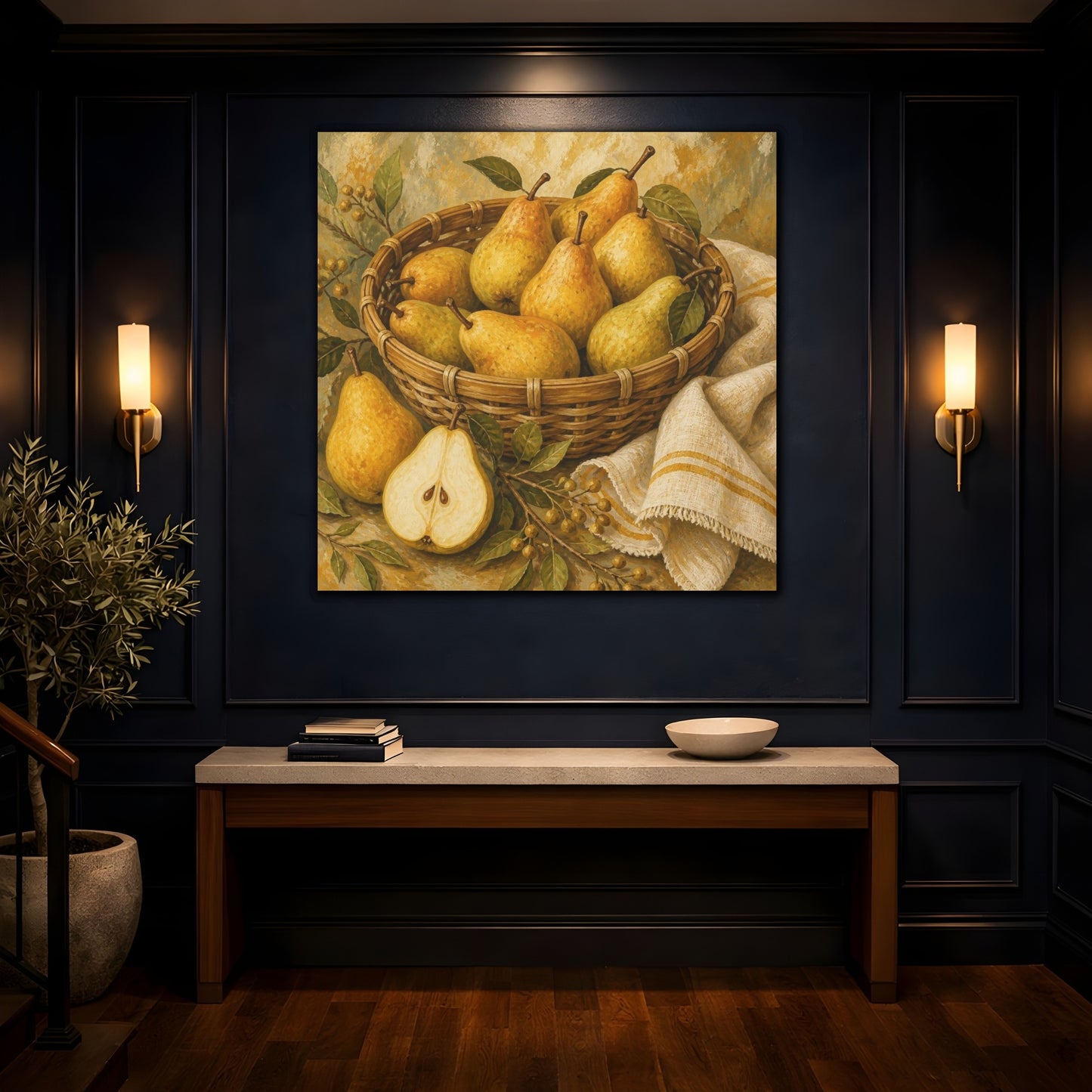 Mockup 4. Golden Pears In Basket shown as canvas print