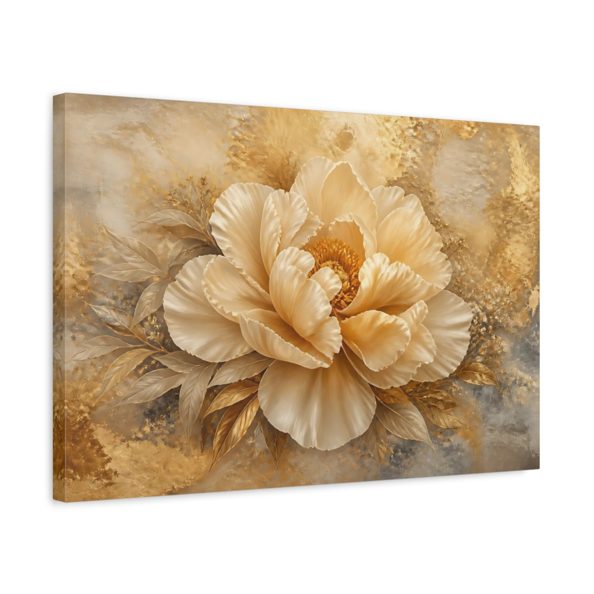 Side Mockup 3. Golden Peony Blossom shown as canvas print