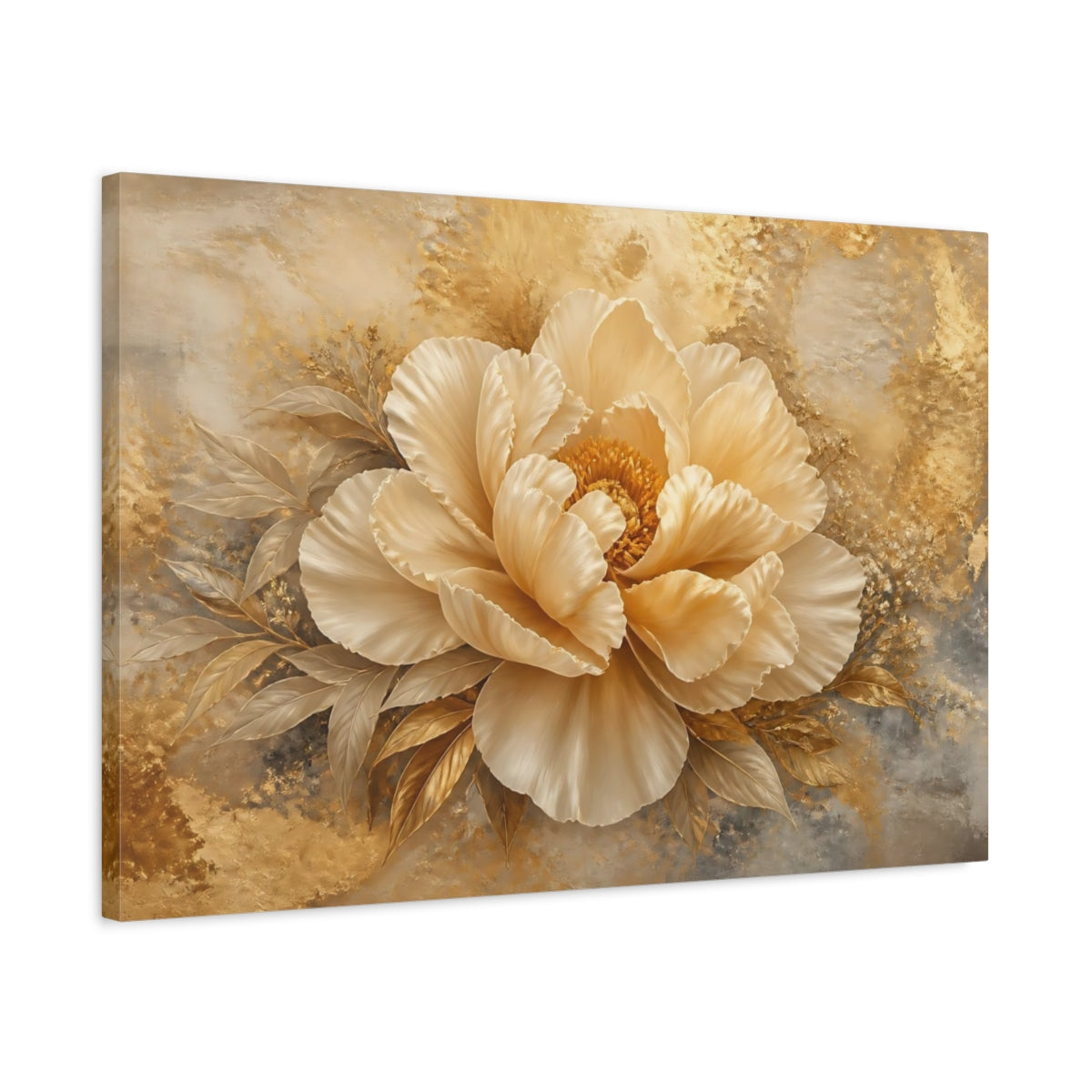 Side Mockup 2. Golden Peony Blossom shown as canvas print