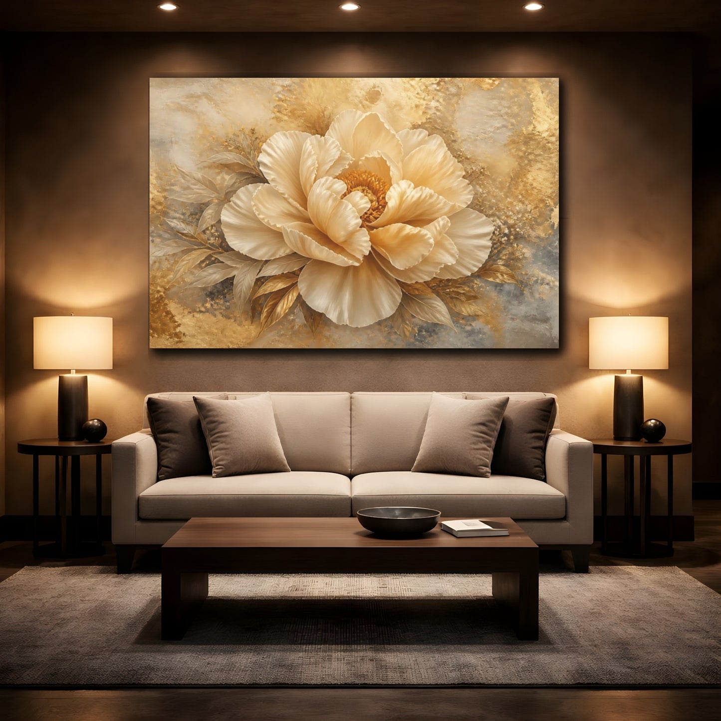 Mockup 2. Golden Peony Blossom shown as canvas print