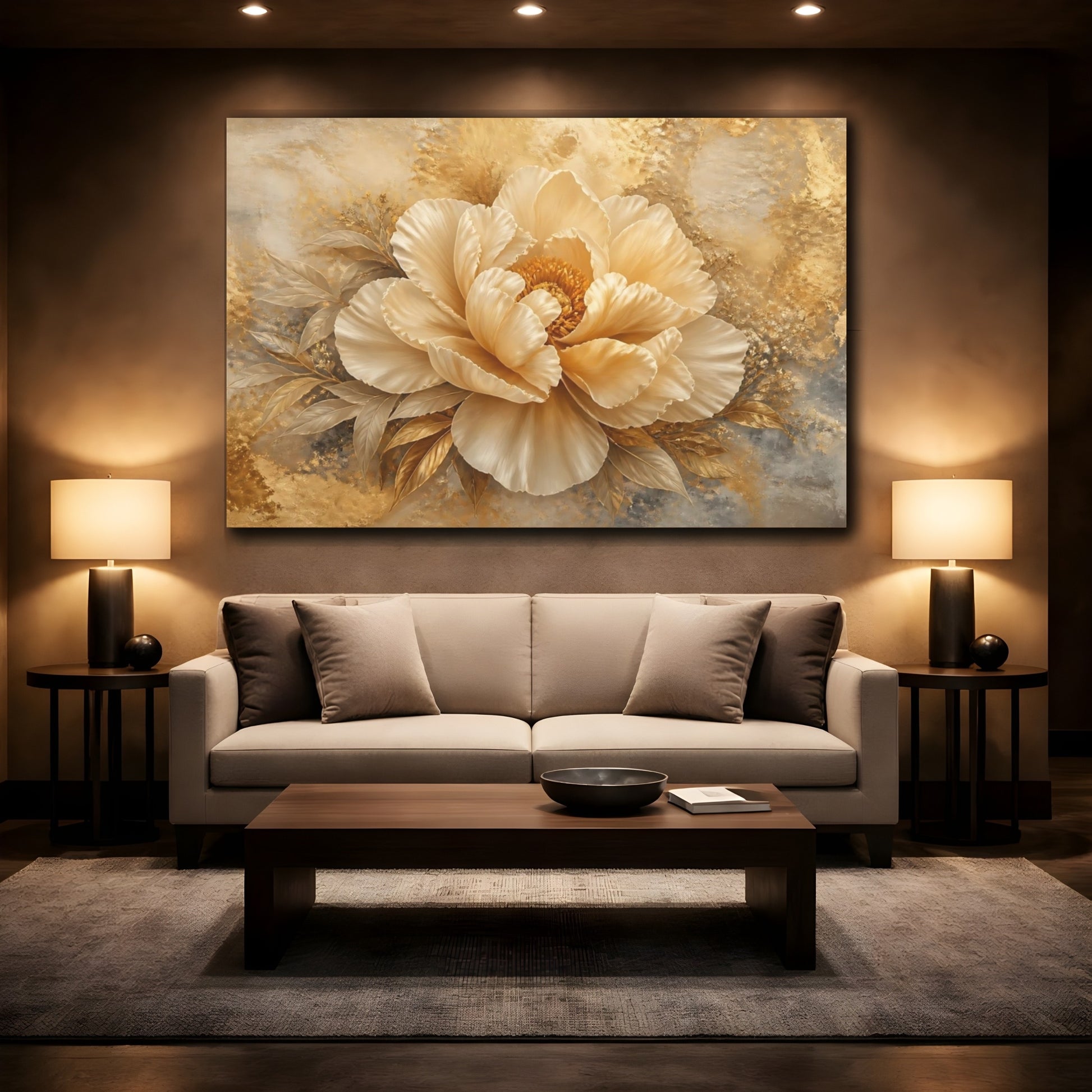 Mockup 2. Golden Peony Blossom shown as canvas print