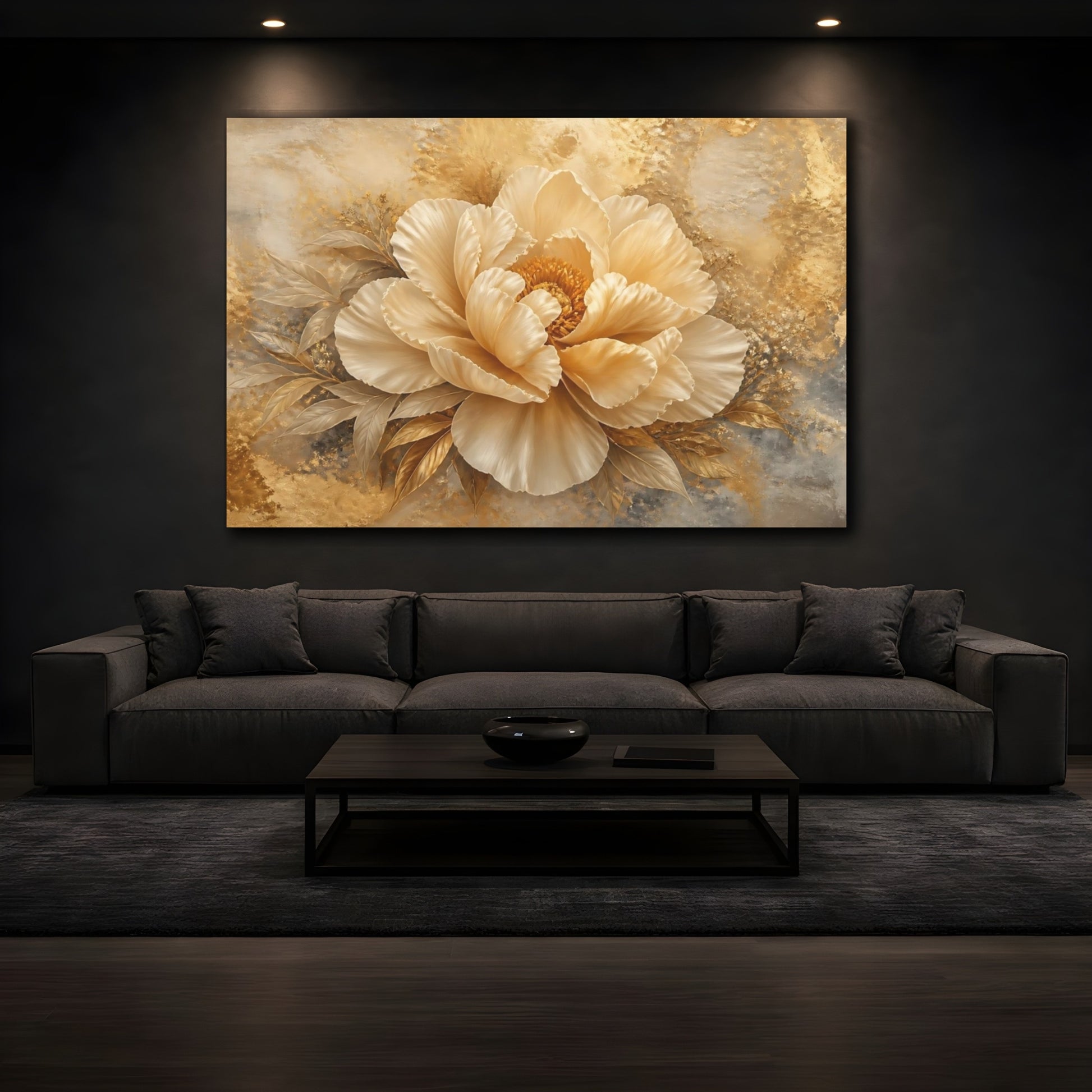 Mockup 3. Golden Peony Blossom shown as canvas print
