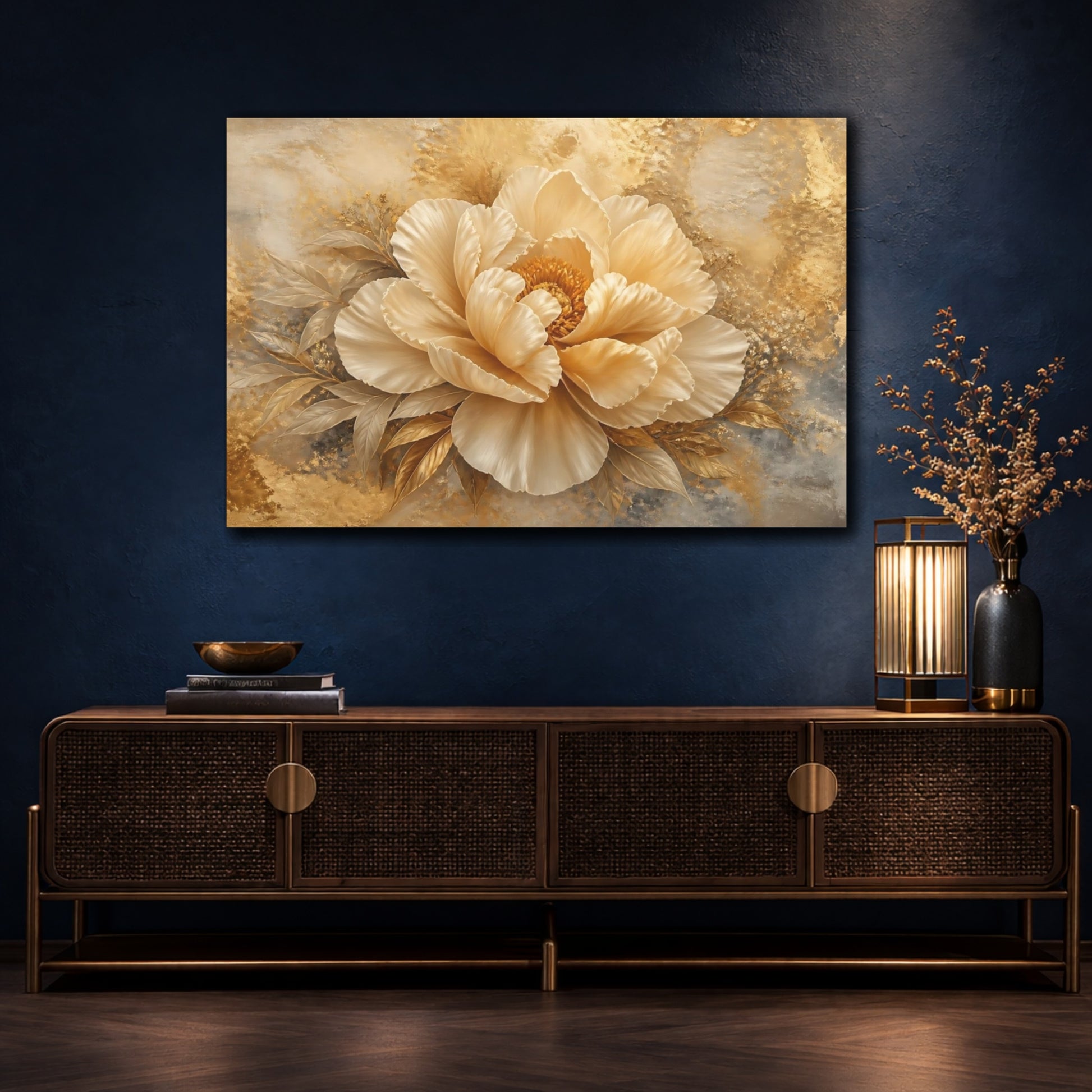 Mockup 4. Golden Peony Blossom shown as canvas print