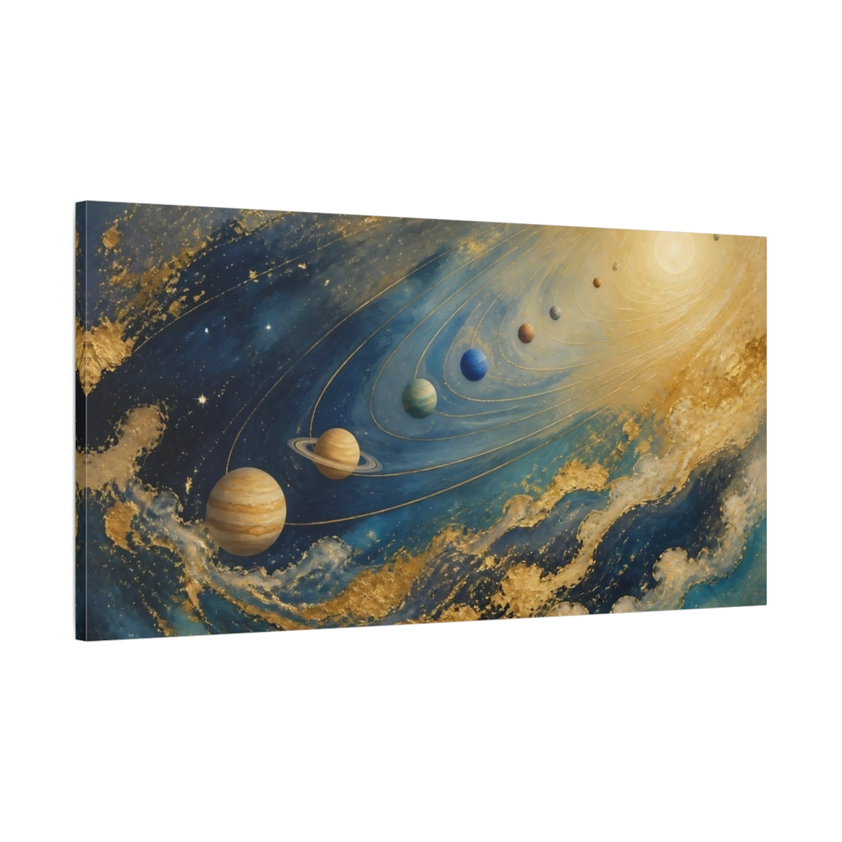 Main Mockup. Golden Planetary Orbits shown as canvas print