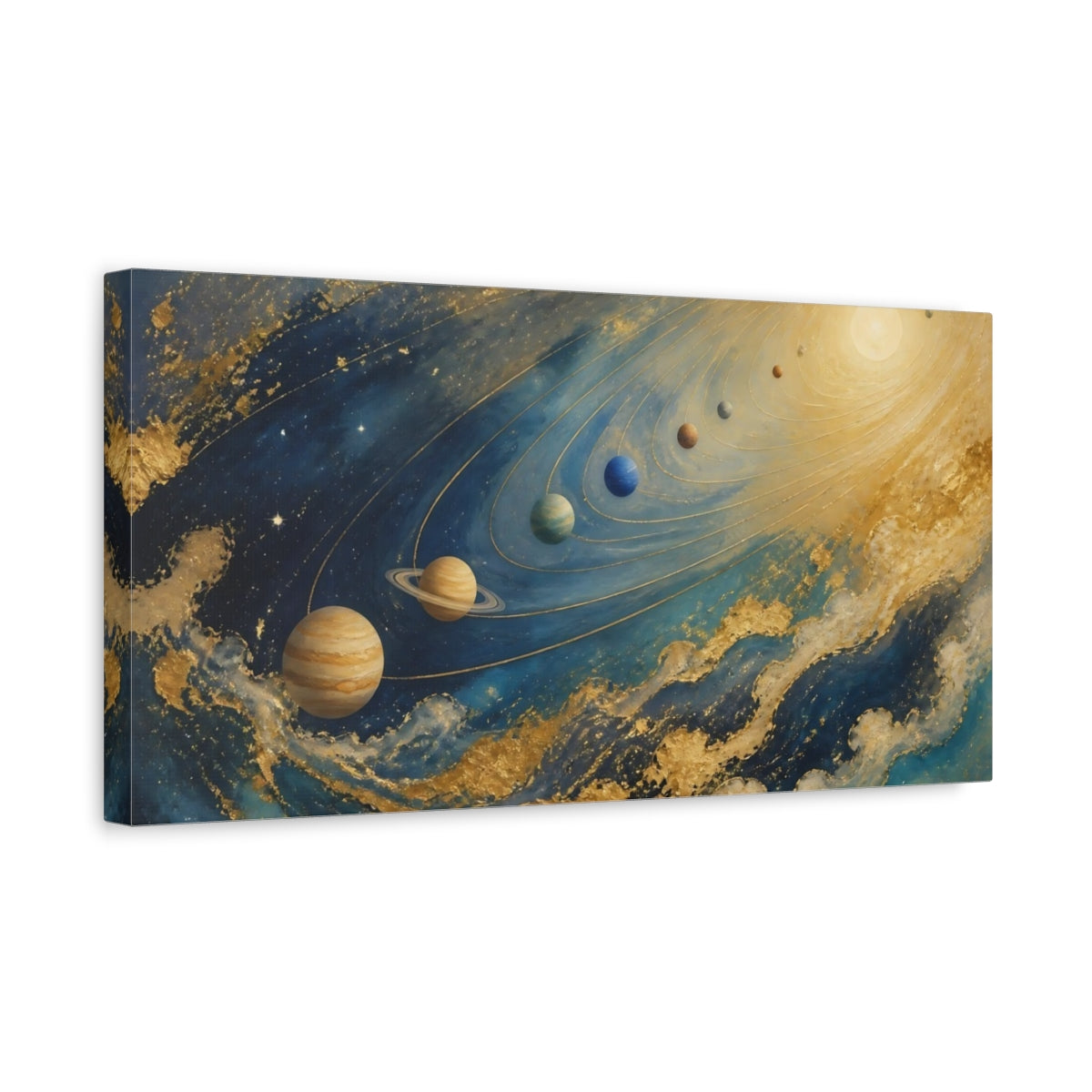 Side Mockup 3. Golden Planetary Orbits shown as canvas print