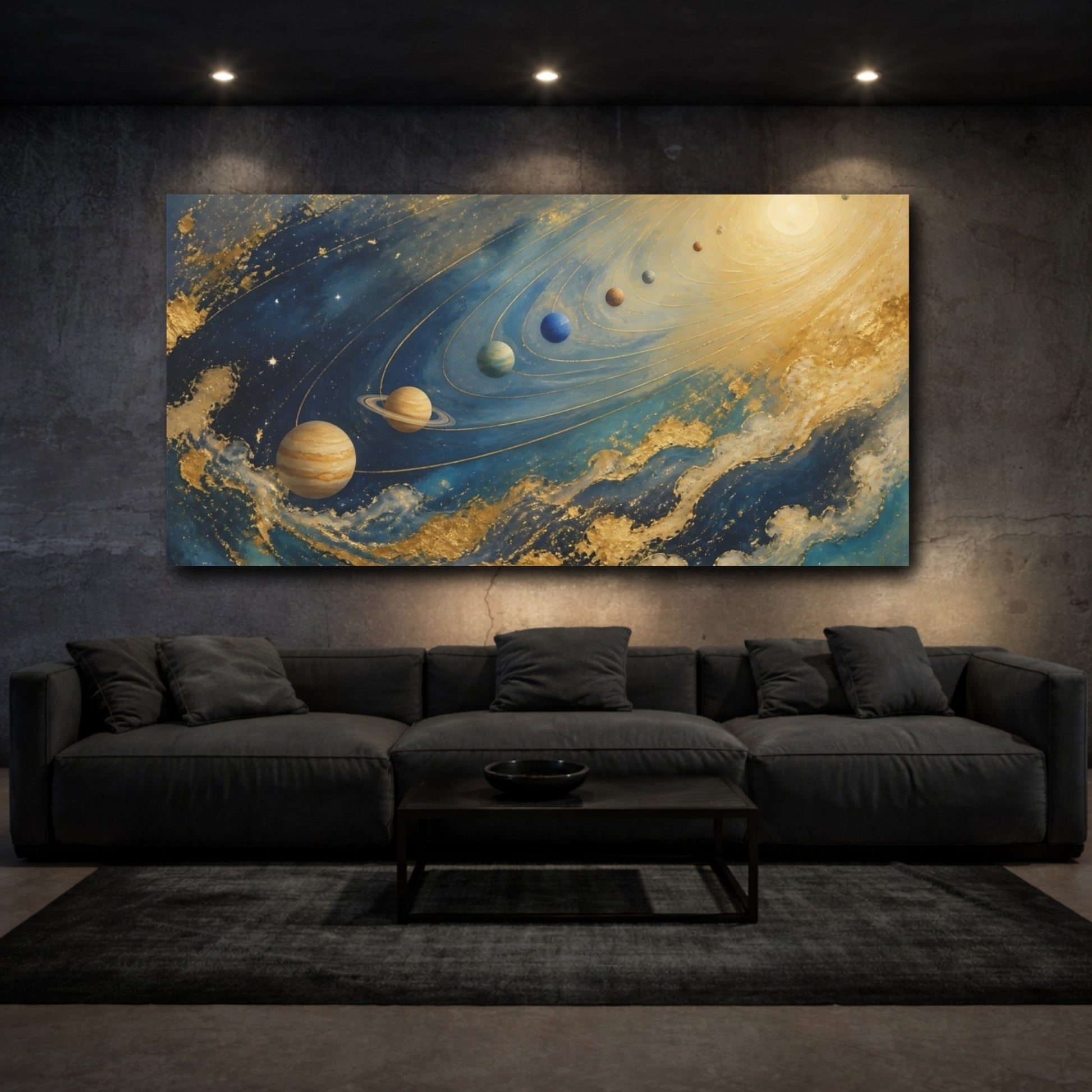 Mockup 3. Golden Planetary Orbits shown as canvas print