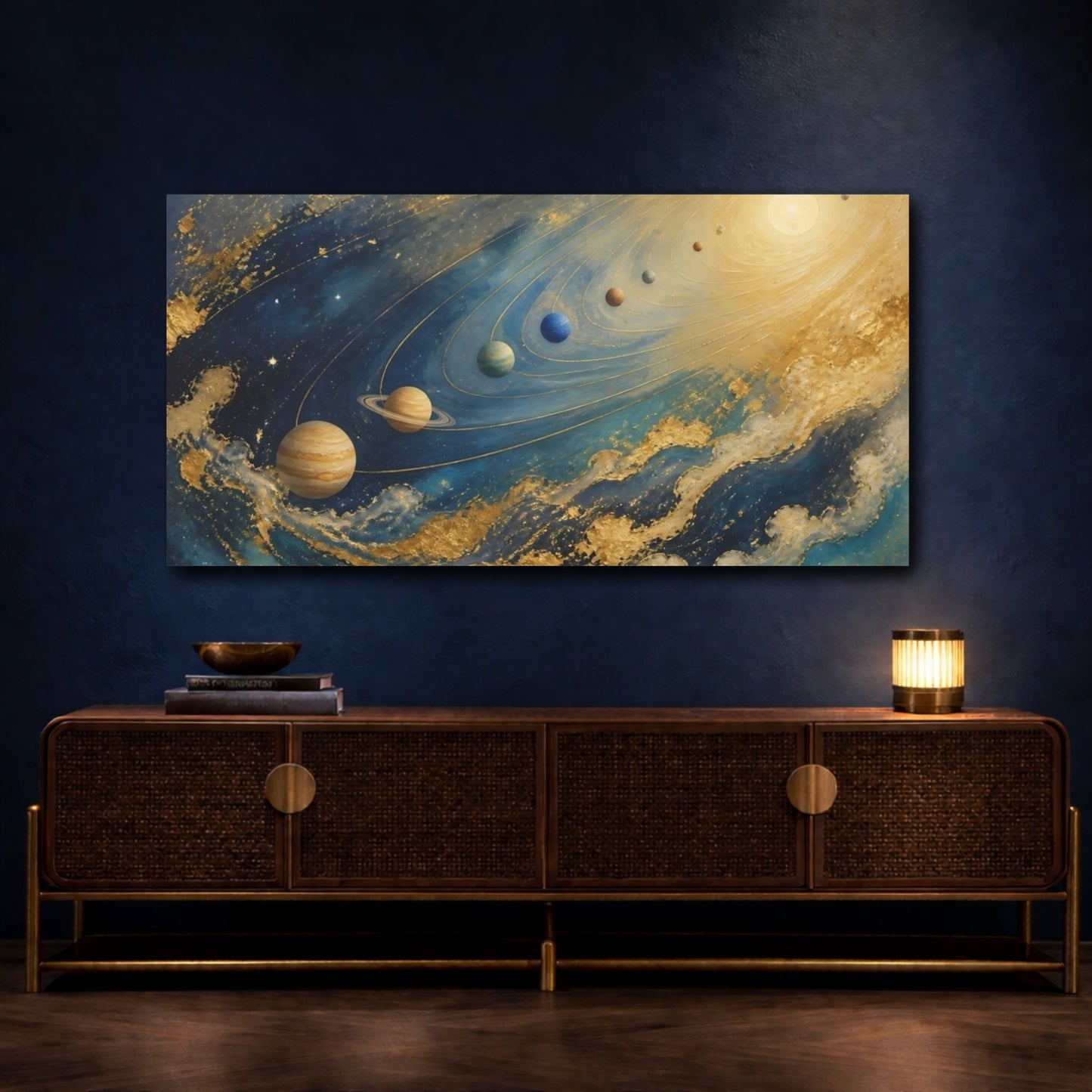 Mockup 4. Golden Planetary Orbits shown as canvas print