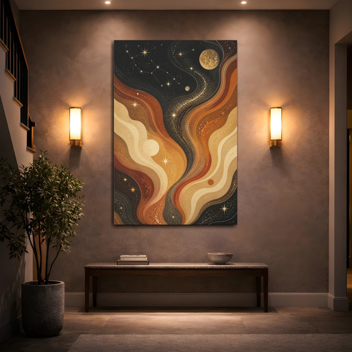 Mockup 2. Golden Retro Nebula shown as canvas print