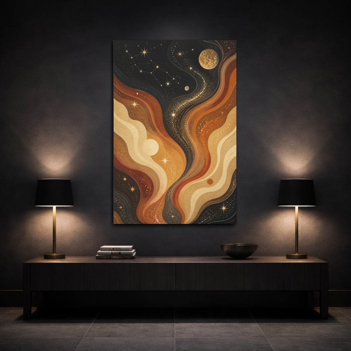 Mockup 3. Golden Retro Nebula shown as canvas print