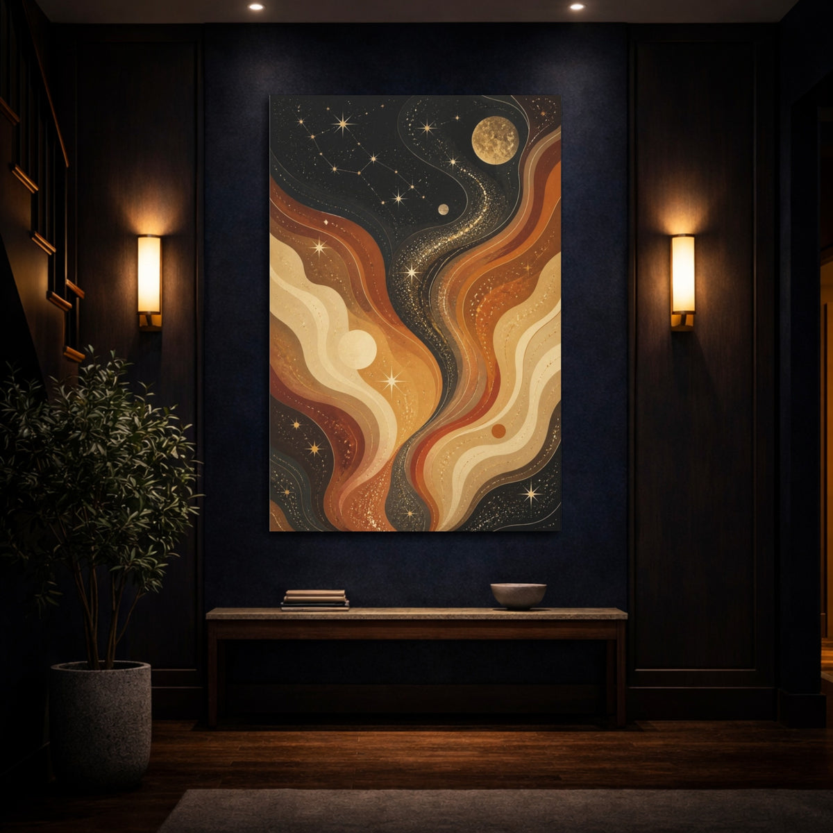 Mockup 4. Golden Retro Nebula shown as canvas print