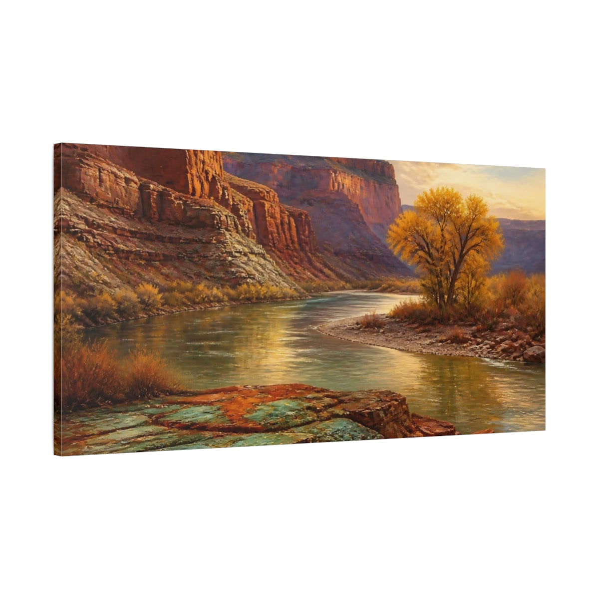 Main Mockup. Golden River Canyon Sunset shown as canvas print