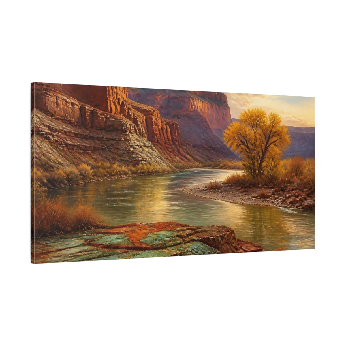 Side Mockup 2. Golden River Canyon Sunset shown as canvas print