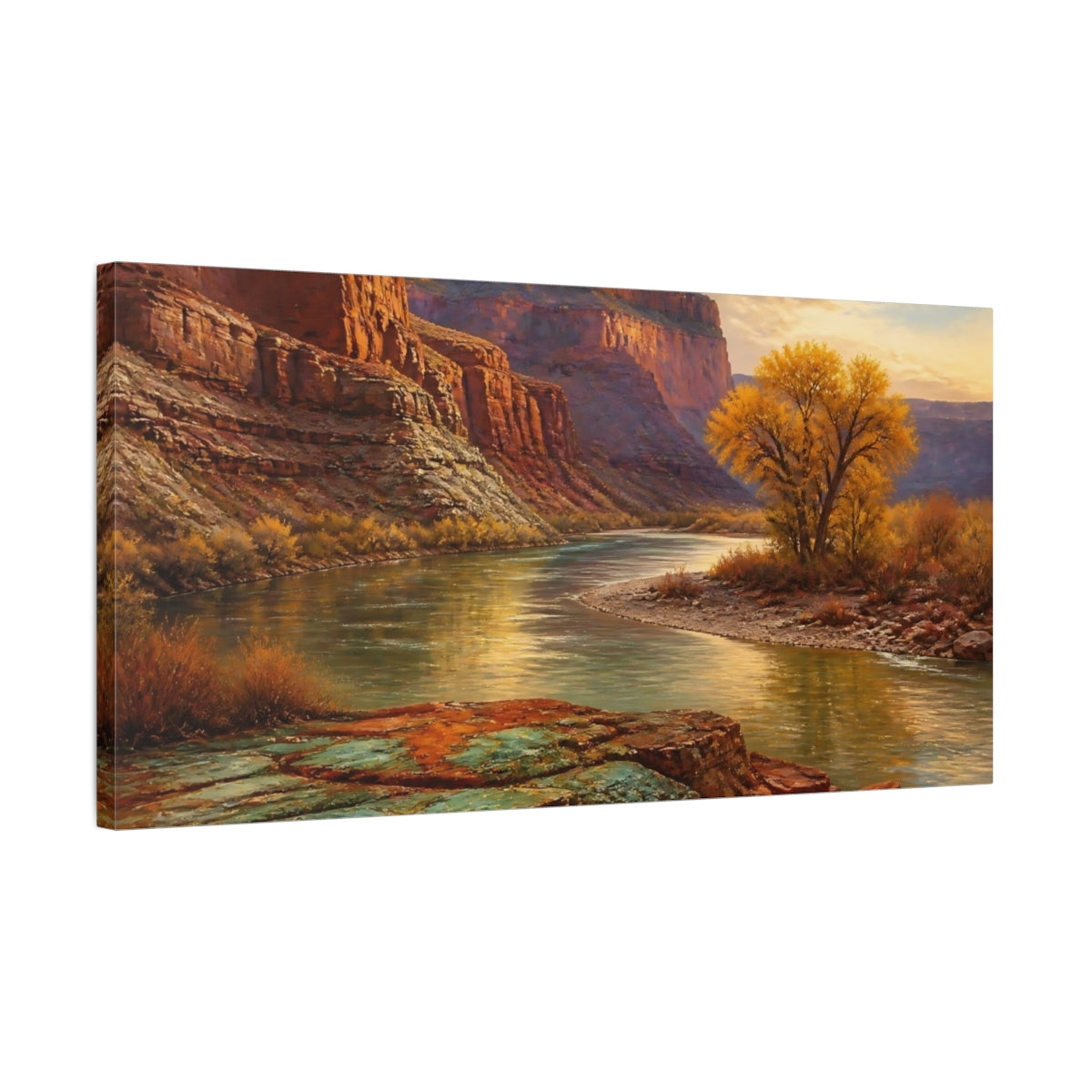 Side Mockup 1. Golden River Canyon Sunset shown as canvas print