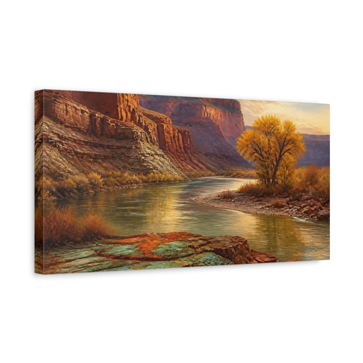 Side Mockup 3. Golden River Canyon Sunset shown as canvas print