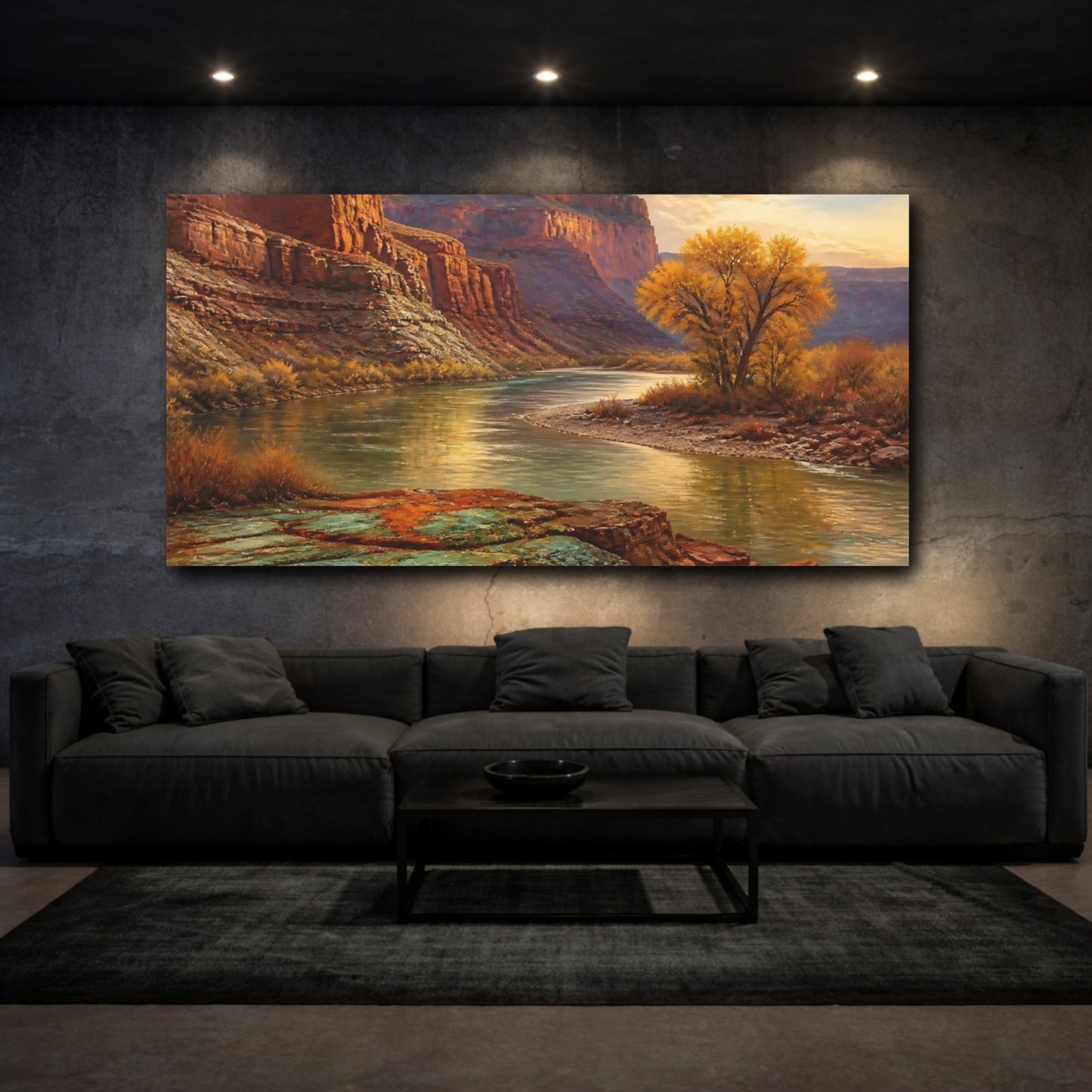 Mockup 3. Golden River Canyon Sunset shown as canvas print