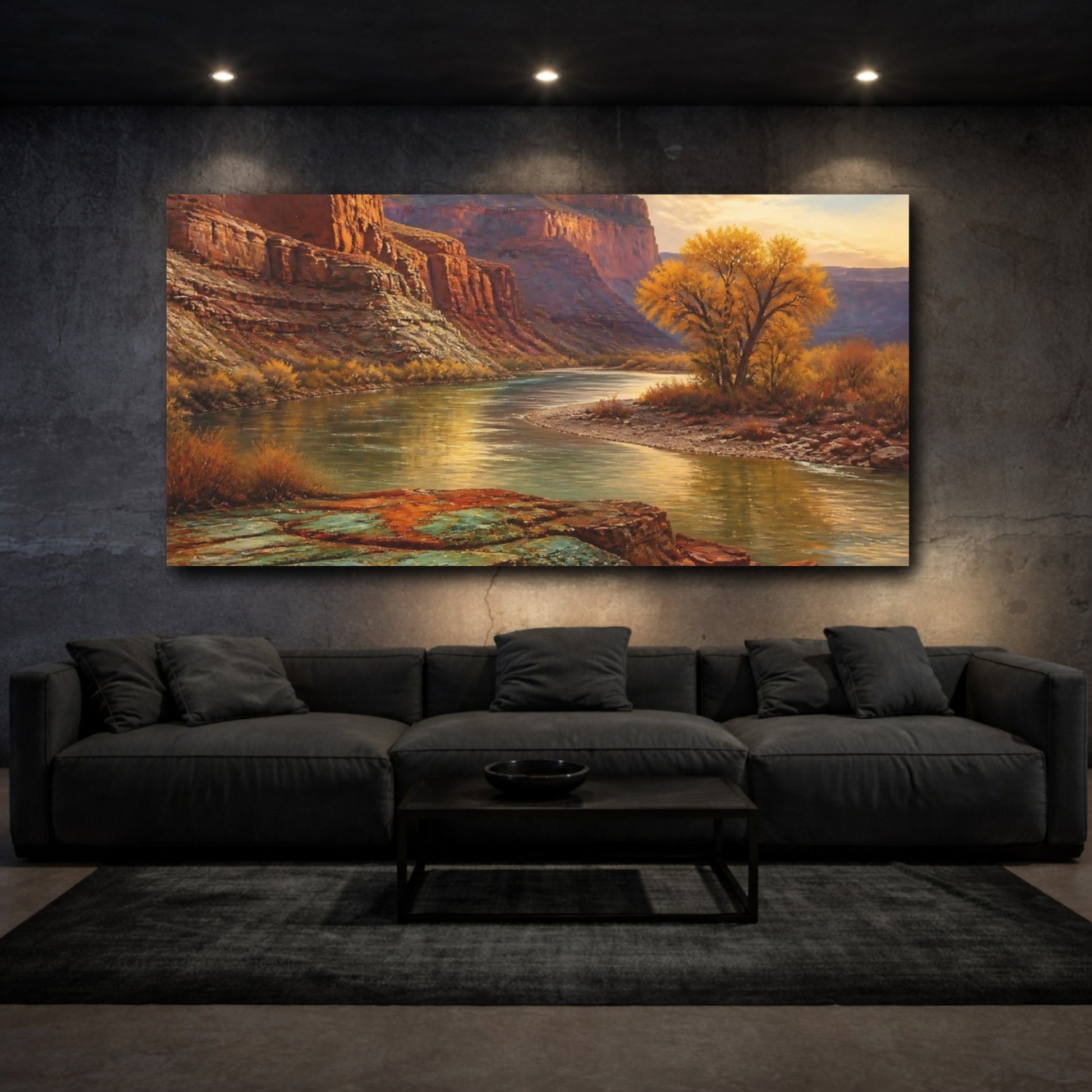 Mockup 3. Golden River Canyon Sunset shown as canvas print