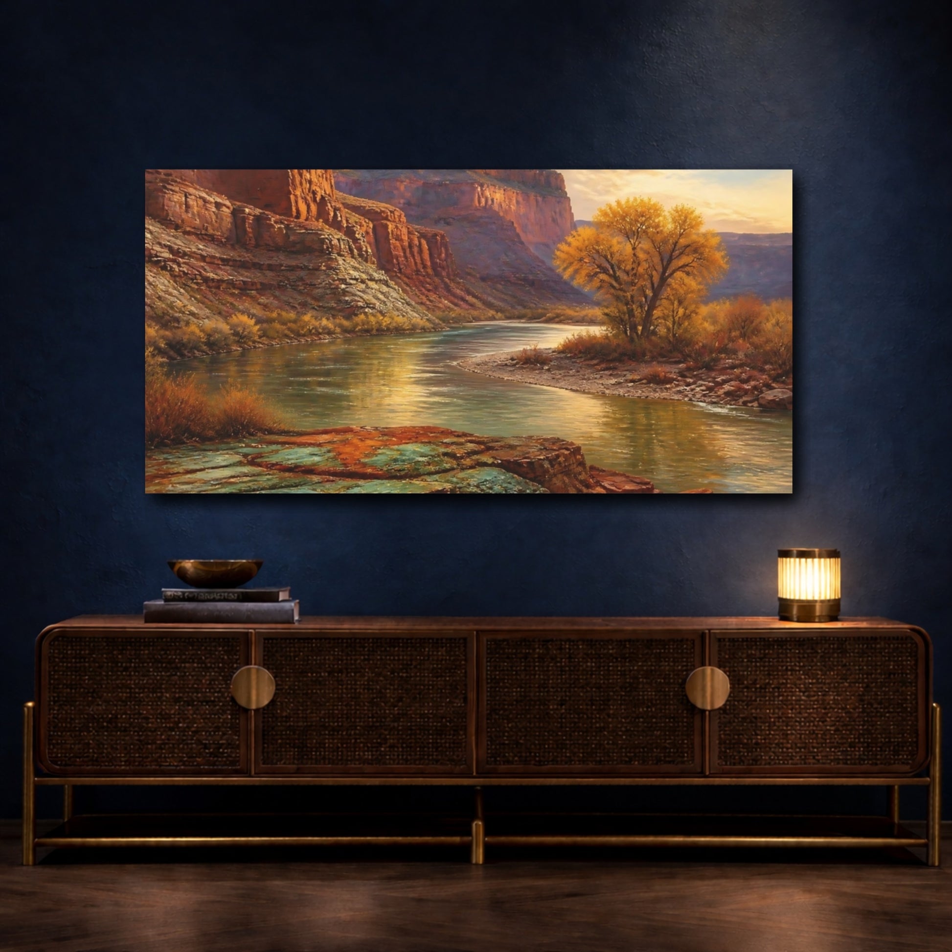 Mockup 4. Golden River Canyon Sunset shown as canvas print