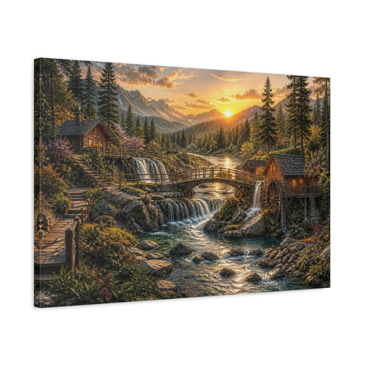 Side Mockup 2. Golden River Landscape shown as canvas print