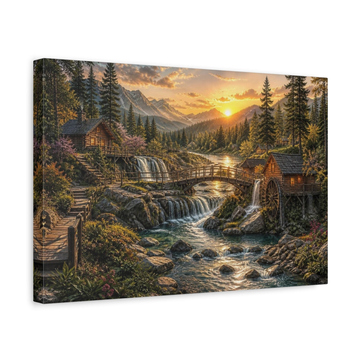 Side Mockup 4. Golden River Landscape shown as canvas print