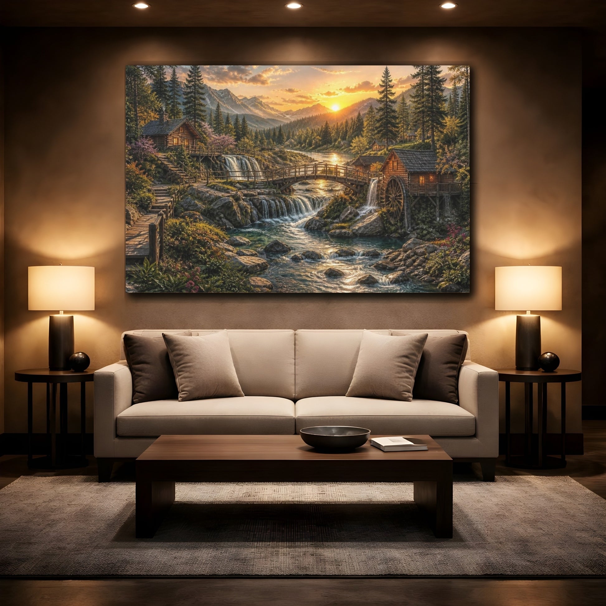 Mockup 2. Golden River Landscape shown as canvas print