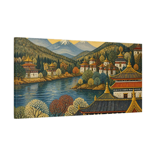 Main Mockup. Golden Roofs By The River shown as canvas print