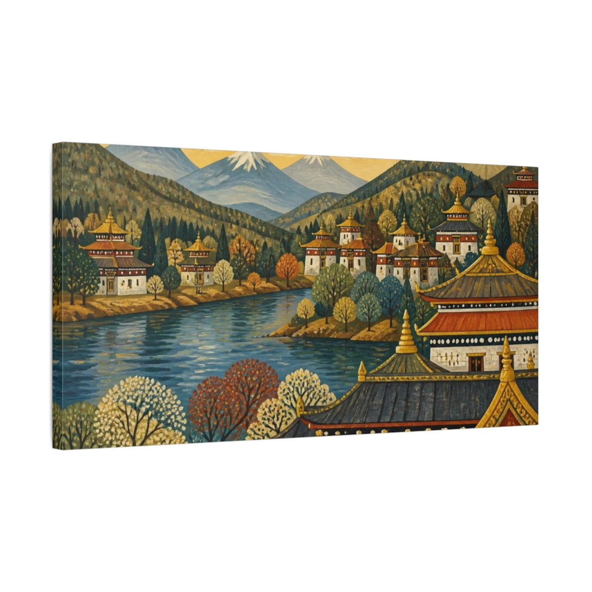 Side Mockup 1. Golden Roofs By The River shown as canvas print