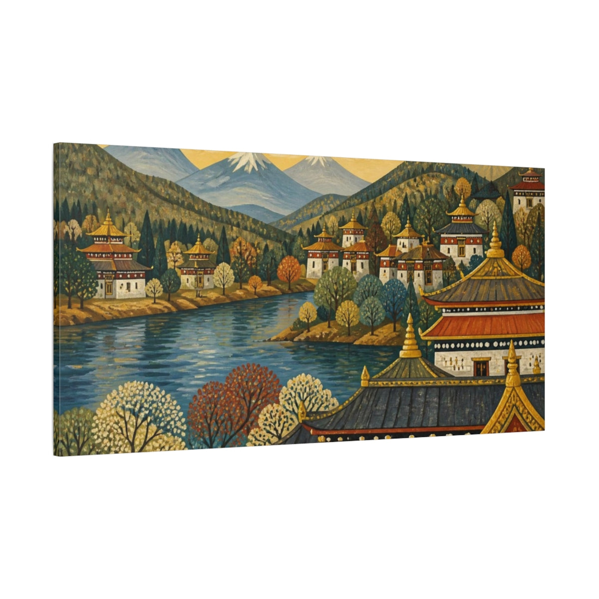 Side Mockup 2. Golden Roofs By The River shown as canvas print