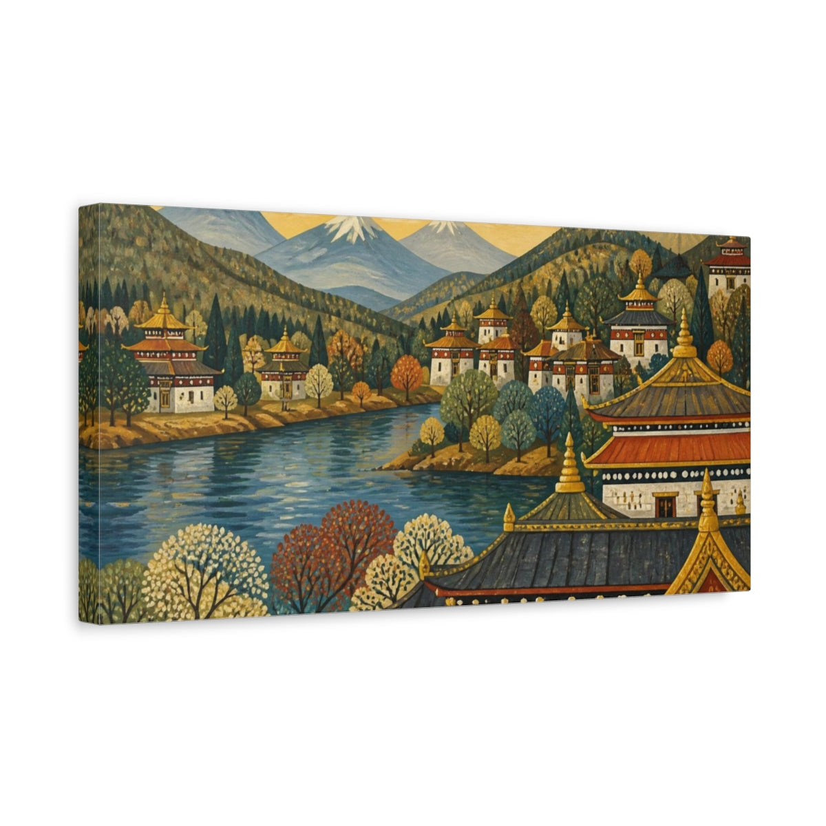 Side Mockup 3. Golden Roofs By The River shown as canvas print