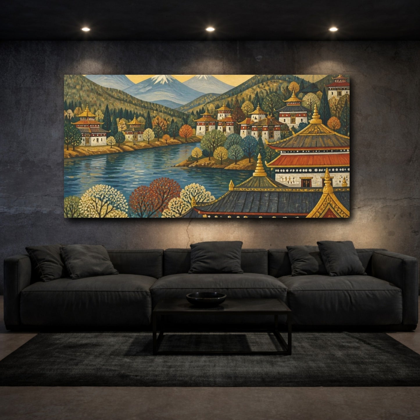 Mockup 3. Golden Roofs By The River shown as canvas print